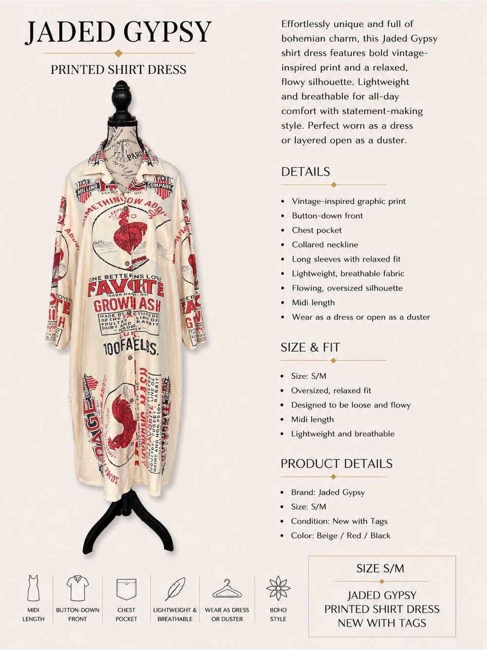 Jaded Gypsy Beige Midi Shirt Dress with Red Graphic